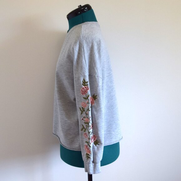 Crewneck Gray Sweater with Pink Embroidered Flower Sleeves - Picture 5 of 8